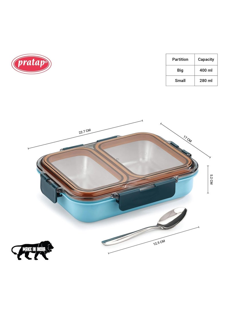 PRATAP Leak Proof Airtight Unbreakable Lid BPA Free Ceelik Duo Stainless Steel Insulated Lunch Tiffin Box Set with Steel Spoon 2 Compartment Lunch Box for School Kids, Office Women Men (Blue, 680 ml)