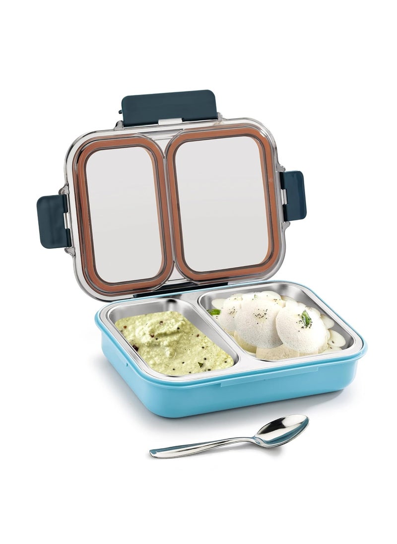 PRATAP Leak Proof Airtight Unbreakable Lid BPA Free Ceelik Duo Stainless Steel Insulated Lunch Tiffin Box Set with Steel Spoon 2 Compartment Lunch Box for School Kids, Office Women Men (Blue, 680 ml)