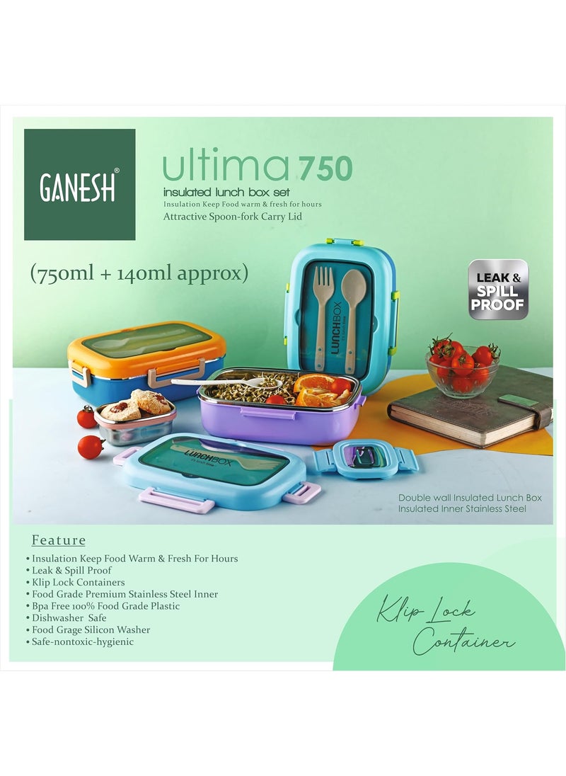 Ganesh Ultima Insulated Airtight Leak-Proof Lunch Box for Office, School, Picnic - 750ml - Color May Vary