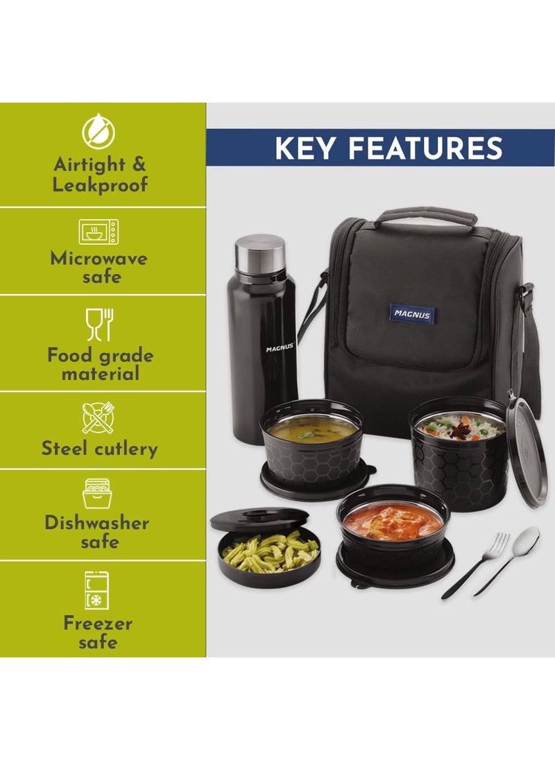 Magnus Microwave EVA 5 Lunch Box(Black) - 3 Containers, 1 Small Box, 1 Bottle, Cutlery | Leakproof Stainless Steel Lunch Box for Kids, Lunch Boxes for Office Men | Office & Microwave Safe