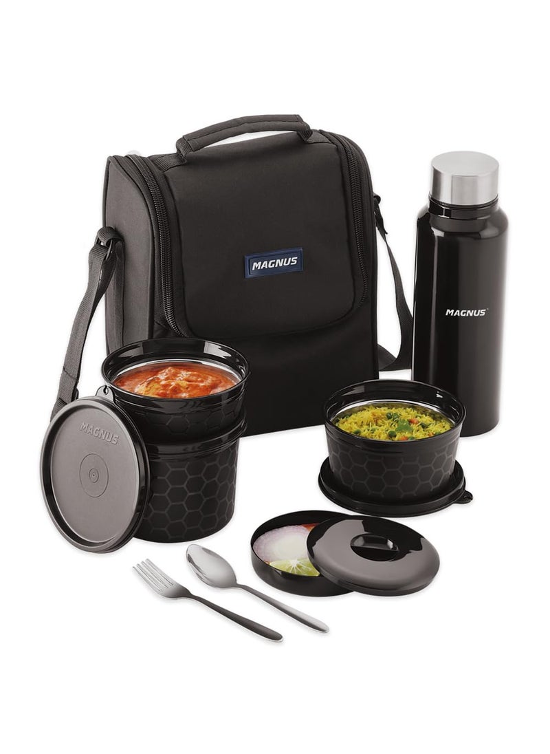 Magnus Microwave EVA 5 Lunch Box(Black) - 3 Containers, 1 Small Box, 1 Bottle, Cutlery | Leakproof Stainless Steel Lunch Box for Kids, Lunch Boxes for Office Men | Office & Microwave Safe