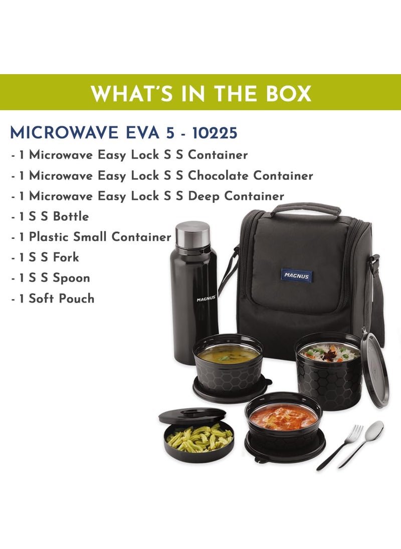 Magnus Microwave EVA 5 Lunch Box(Black) - 3 Containers, 1 Small Box, 1 Bottle, Cutlery | Leakproof Stainless Steel Lunch Box for Kids, Lunch Boxes for Office Men | Office & Microwave Safe