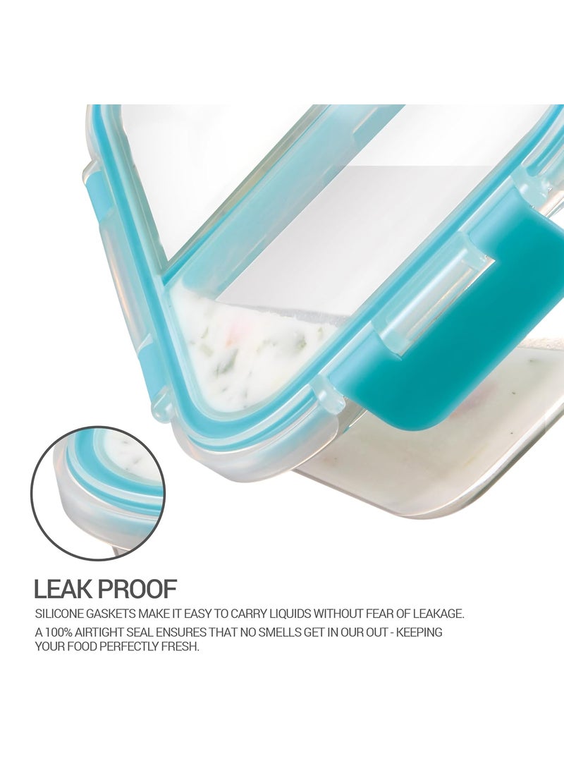 Treo by Milton Clip Fresh Rectangular Divider Container, Microwave Safe, Hi Borosilicate Glass Lunch Box for Office Use – Clip Lock Airtight Tiffin, 100% Leak Proof, 600 ml, 1 Piece