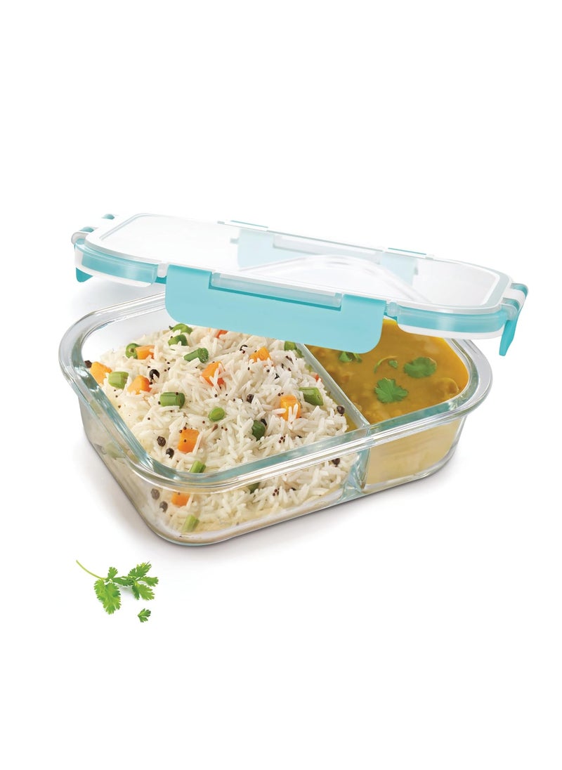 Treo by Milton Clip Fresh Rectangular Divider Container, Microwave Safe, Hi Borosilicate Glass Lunch Box for Office Use – Clip Lock Airtight Tiffin, 100% Leak Proof, 600 ml, 1 Piece