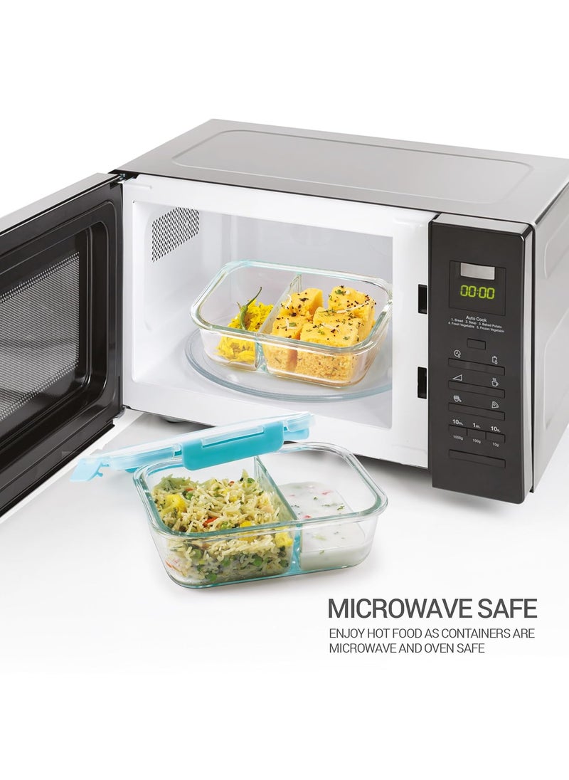 Treo by Milton Clip Fresh Rectangular Divider Container, Microwave Safe, Hi Borosilicate Glass Lunch Box for Office Use – Clip Lock Airtight Tiffin, 100% Leak Proof, 600 ml, 1 Piece