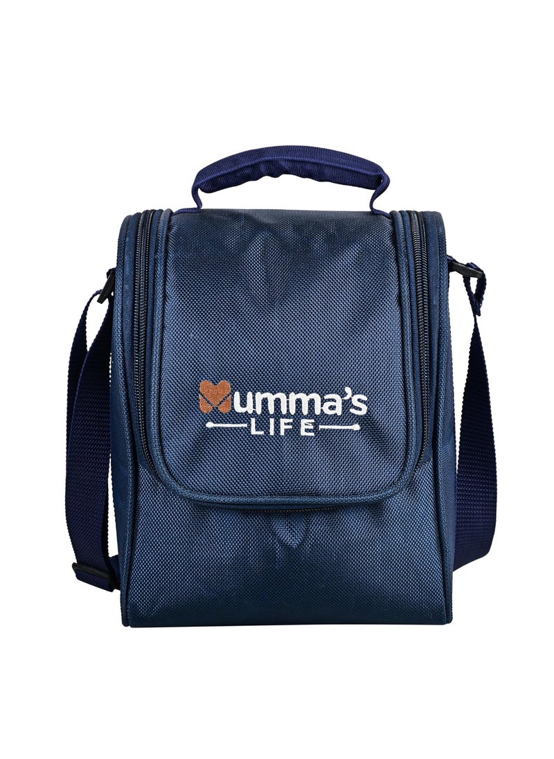 Mumma's LIFE Lunch Box with Steel Cutlery, 3 Microwave Safe Inner Steel Containers (250ml, 400ml, 600ml) Plastic Chutney Dabba 130ml, Steel Bottle 750ml with Insulated Bag, Office Tiffin, Blue