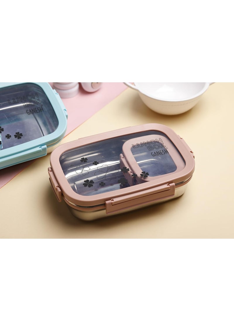 GANESH Alpha Senior Stainless Steel Insulated Lunch Box for School & Office, Airtight Leak-Proof, Unbreakable Lid, Snacks Tiffin Box - (950ml 1pc + 200ml 1 Pc)- Pink