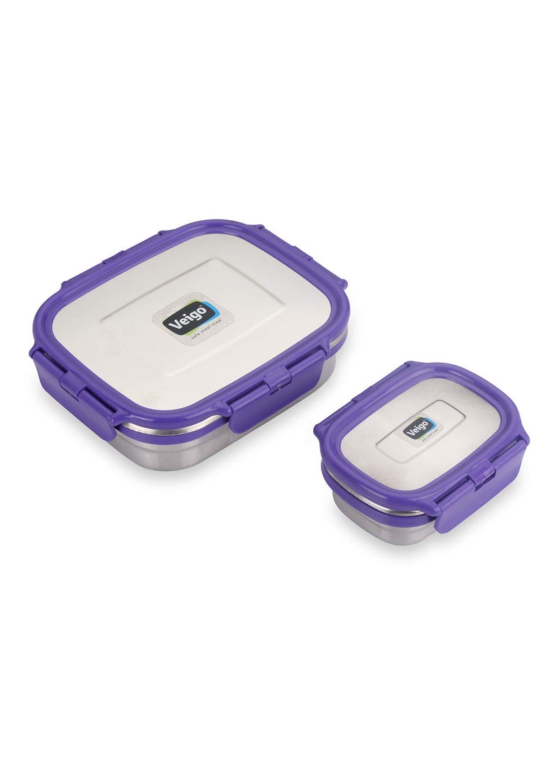 Veigo Steel Lunch Boxes for Office Men, Tiffin Box for Office Men, Lunch Box for Kids, 630 ml, 180 ml Veg Box | Detachable Clips | Leakproof & Airtight | Durable Stainless Steel Lid | Purple