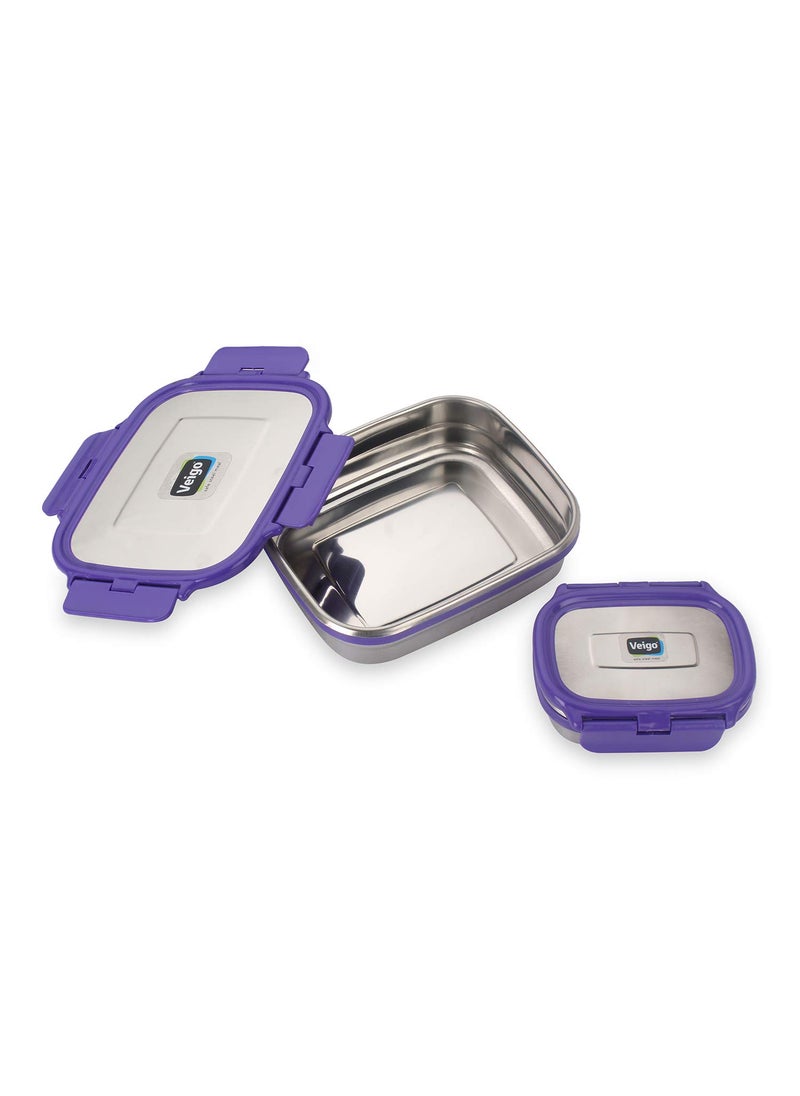 Veigo Steel Lunch Boxes for Office Men, Tiffin Box for Office Men, Lunch Box for Kids, 630 ml, 180 ml Veg Box | Detachable Clips | Leakproof & Airtight | Durable Stainless Steel Lid | Purple