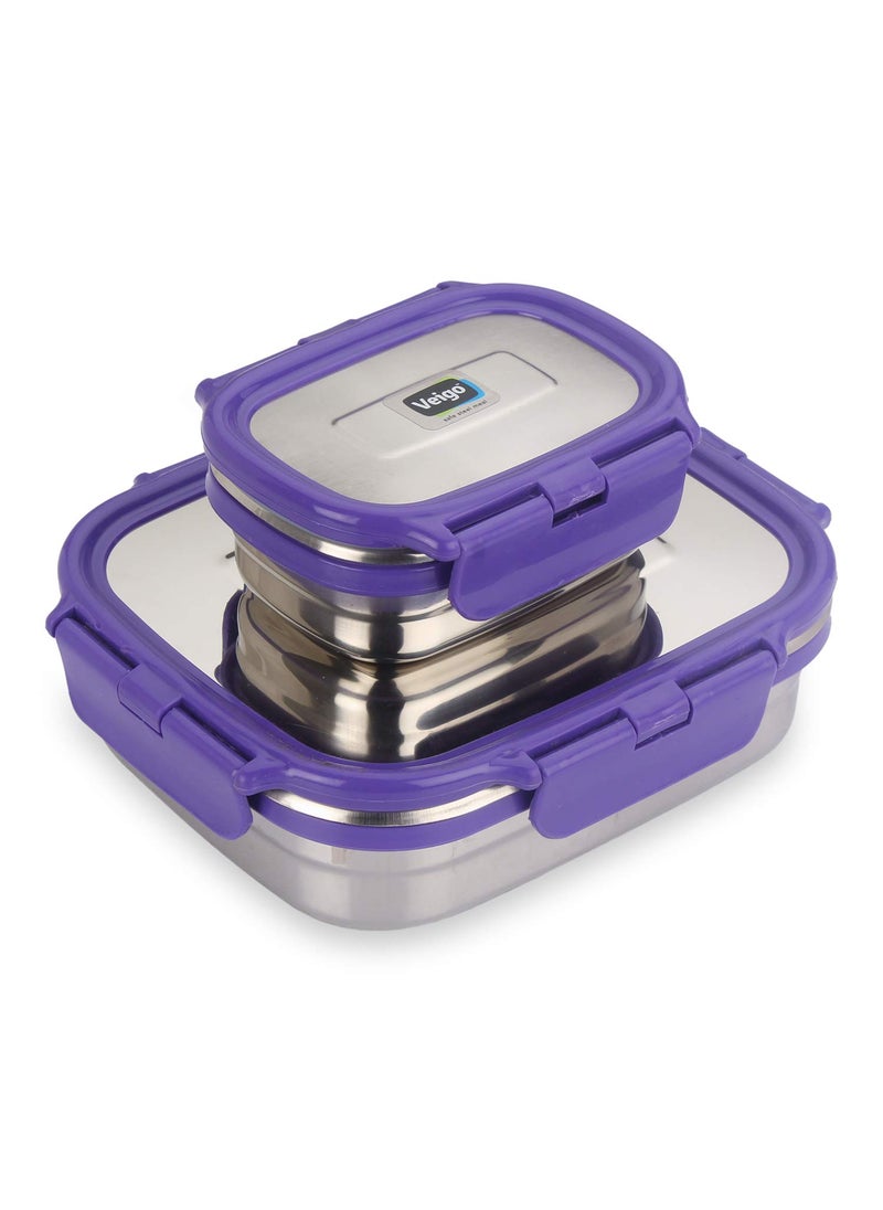 Veigo Steel Lunch Boxes for Office Men, Tiffin Box for Office Men, Lunch Box for Kids, 630 ml, 180 ml Veg Box | Detachable Clips | Leakproof & Airtight | Durable Stainless Steel Lid | Purple