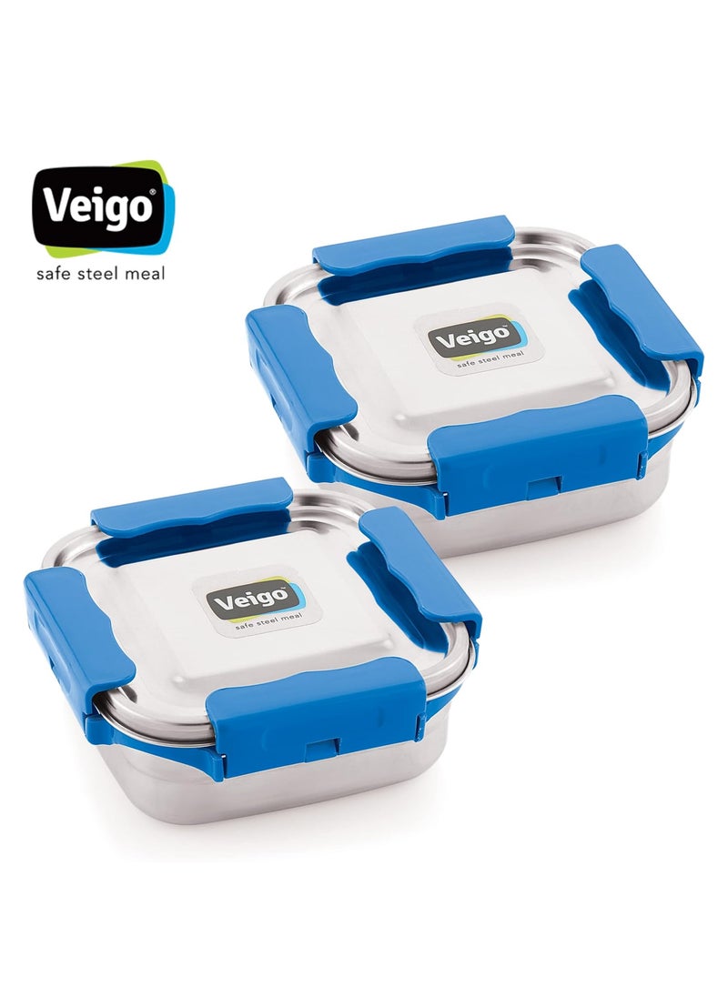 Veigo Premium Finish Maxo Series Stainless Steel Medium Airtight Leak-Proof Lunch Box for Office, School, Picnic, 450 ml, Set of 2 - Dark Blue