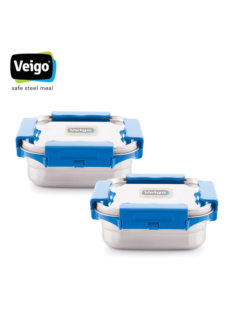 Veigo Premium Finish Maxo Series Stainless Steel Medium Airtight Leak-Proof Lunch Box for Office, School, Picnic, 450 ml, Set of 2 - Dark Blue