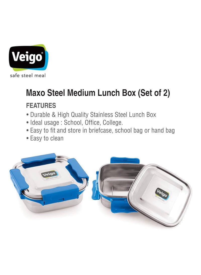 Veigo Premium Finish Maxo Series Stainless Steel Medium Airtight Leak-Proof Lunch Box for Office, School, Picnic, 450 ml, Set of 2 - Dark Blue