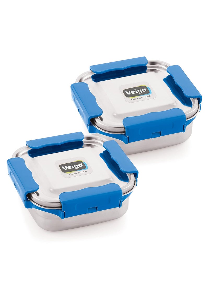 Veigo Premium Finish Maxo Series Stainless Steel Medium Airtight Leak-Proof Lunch Box for Office, School, Picnic, 450 ml, Set of 2 - Dark Blue
