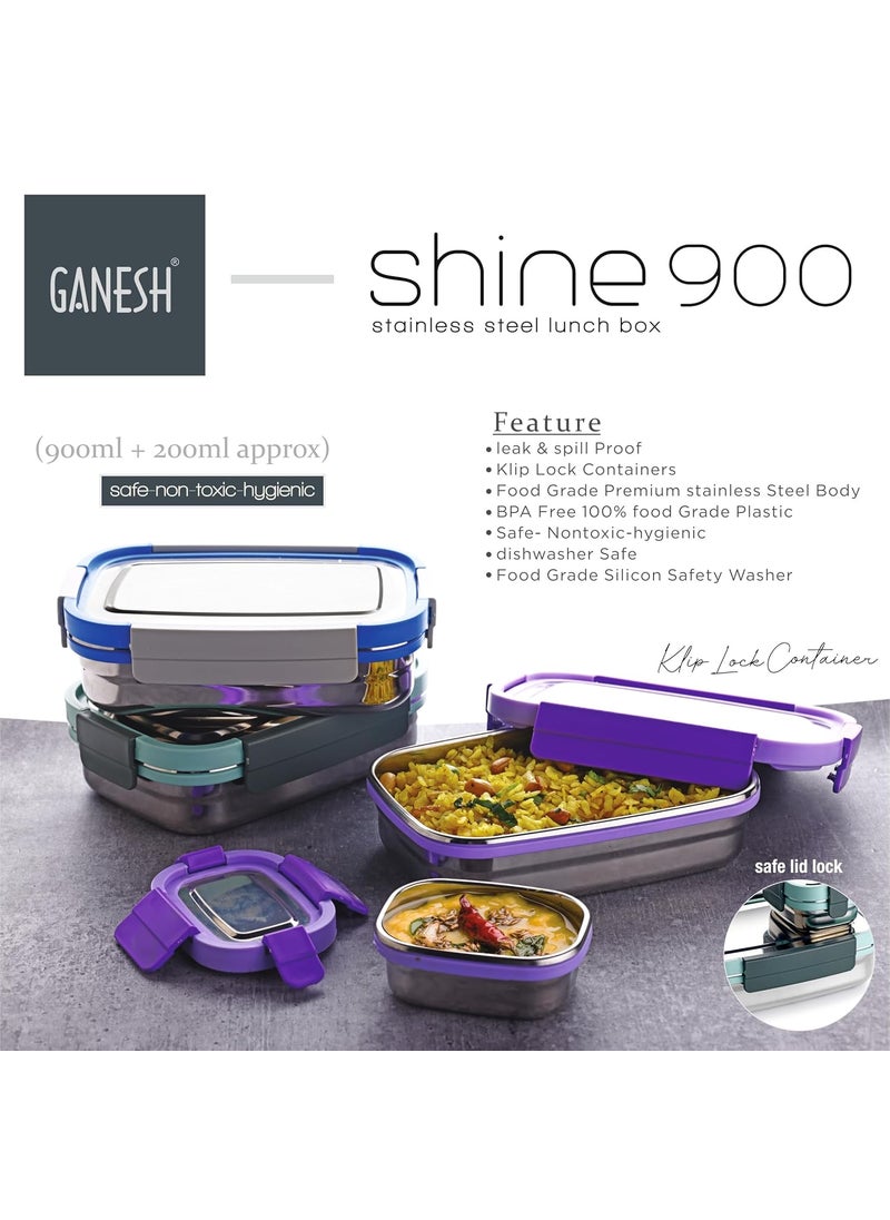 Ganesh Shine Stainless Steel Airtight Leak-Proof Lunch Box for Office, School, Picnic - 900ml - Color May Vary