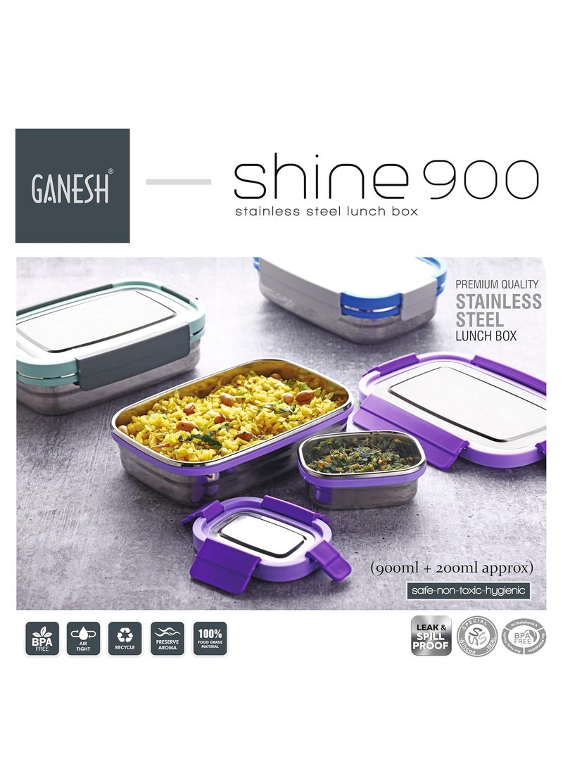 Ganesh Shine Stainless Steel Airtight Leak-Proof Lunch Box for Office, School, Picnic - 900ml - Color May Vary
