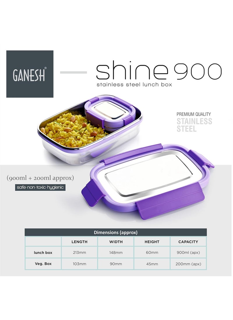 Ganesh Shine Stainless Steel Airtight Leak-Proof Lunch Box for Office, School, Picnic - 900ml - Color May Vary