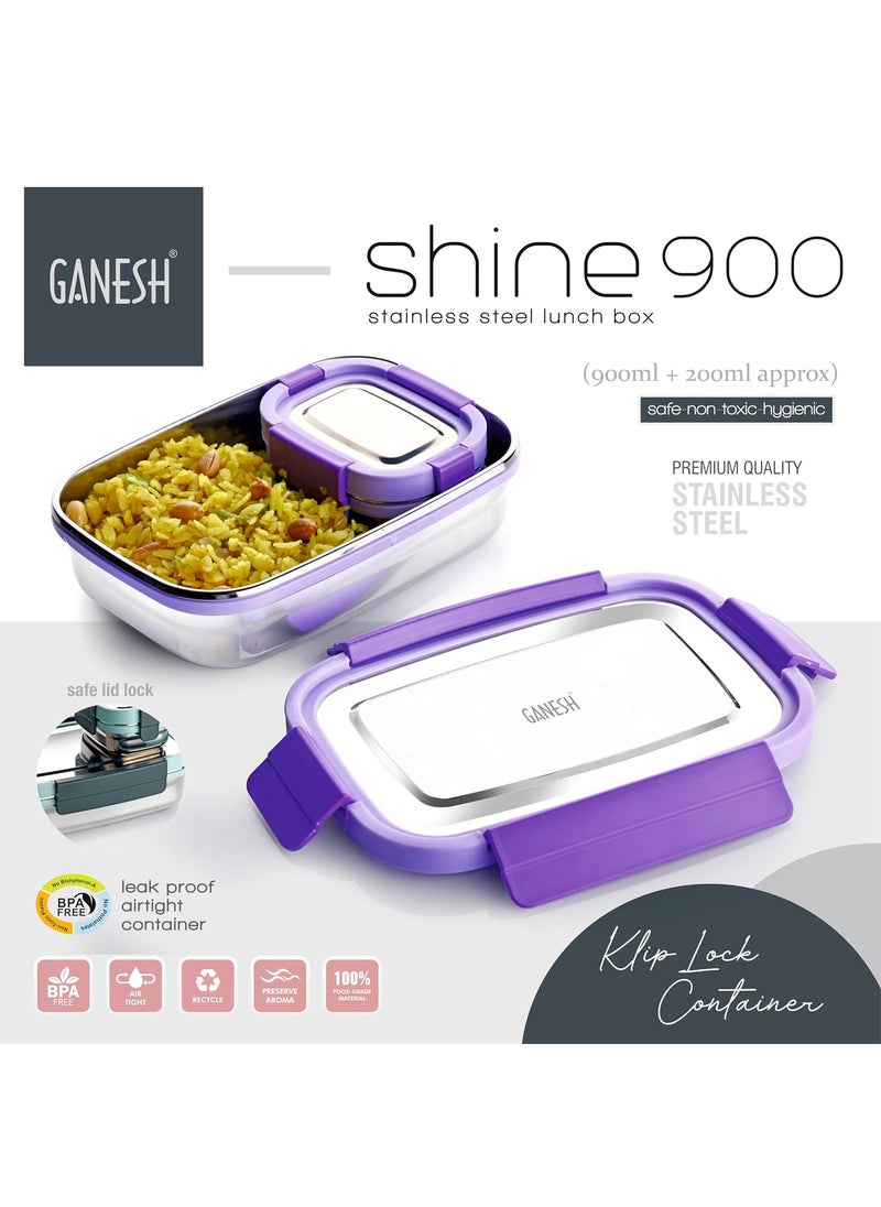 Ganesh Shine Stainless Steel Airtight Leak-Proof Lunch Box for Office, School, Picnic - 900ml - Color May Vary