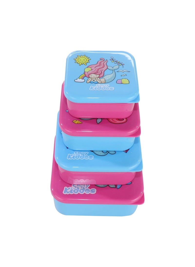 Smily Kiddos 4 in 1 Container-Mermaid Theme Microwave Safe Food Storage Lunch Box Freezer & Dishwasher Safe Removable Compartment Food Containers