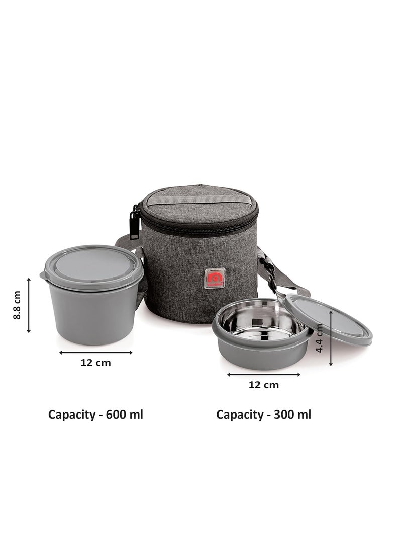 NanoNine Micro Safe Single Wall Stainless Steel 2 pc Lunch Box with Bag, Microwave Safe Containers, 600ml + 300ml, Grey