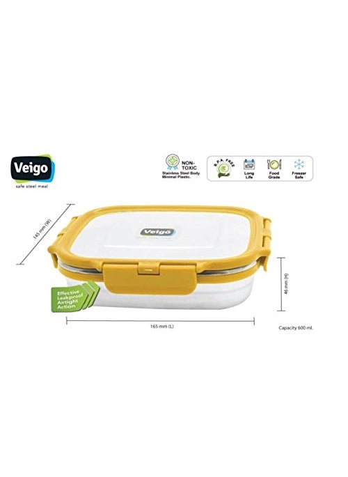 Veigo Premium Finish Lock N Steel 2 Pcs Container (2 Big), Airtight Leakproof Lunch Box Sleek & Compact Design Easy to Fit Into Any Bagpack Perfect for Office,School,Outdoor- Yellow 600ml+600ml