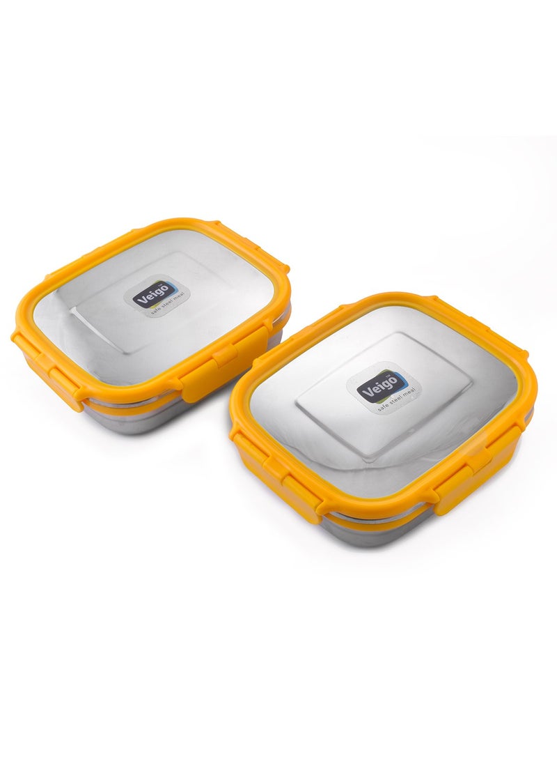 Veigo Premium Finish Lock N Steel 2 Pcs Container (2 Big), Airtight Leakproof Lunch Box Sleek & Compact Design Easy to Fit Into Any Bagpack Perfect for Office,School,Outdoor- Yellow 600ml+600ml
