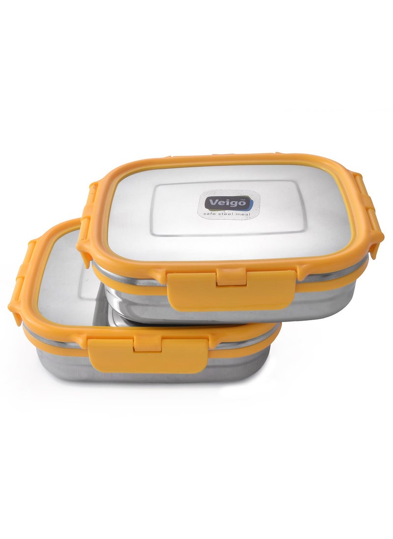 Veigo Premium Finish Lock N Steel 2 Pcs Container (2 Big), Airtight Leakproof Lunch Box Sleek & Compact Design Easy to Fit Into Any Bagpack Perfect for Office,School,Outdoor- Yellow 600ml+600ml