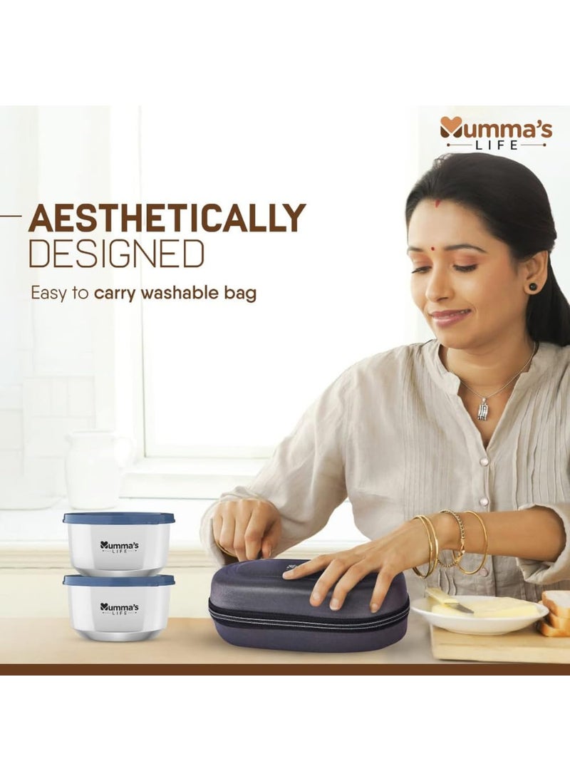 Mumma's LIFE- Single Wall Lunch Box 2 Containers Lunch Box With Lid (280 ML) (Blue)