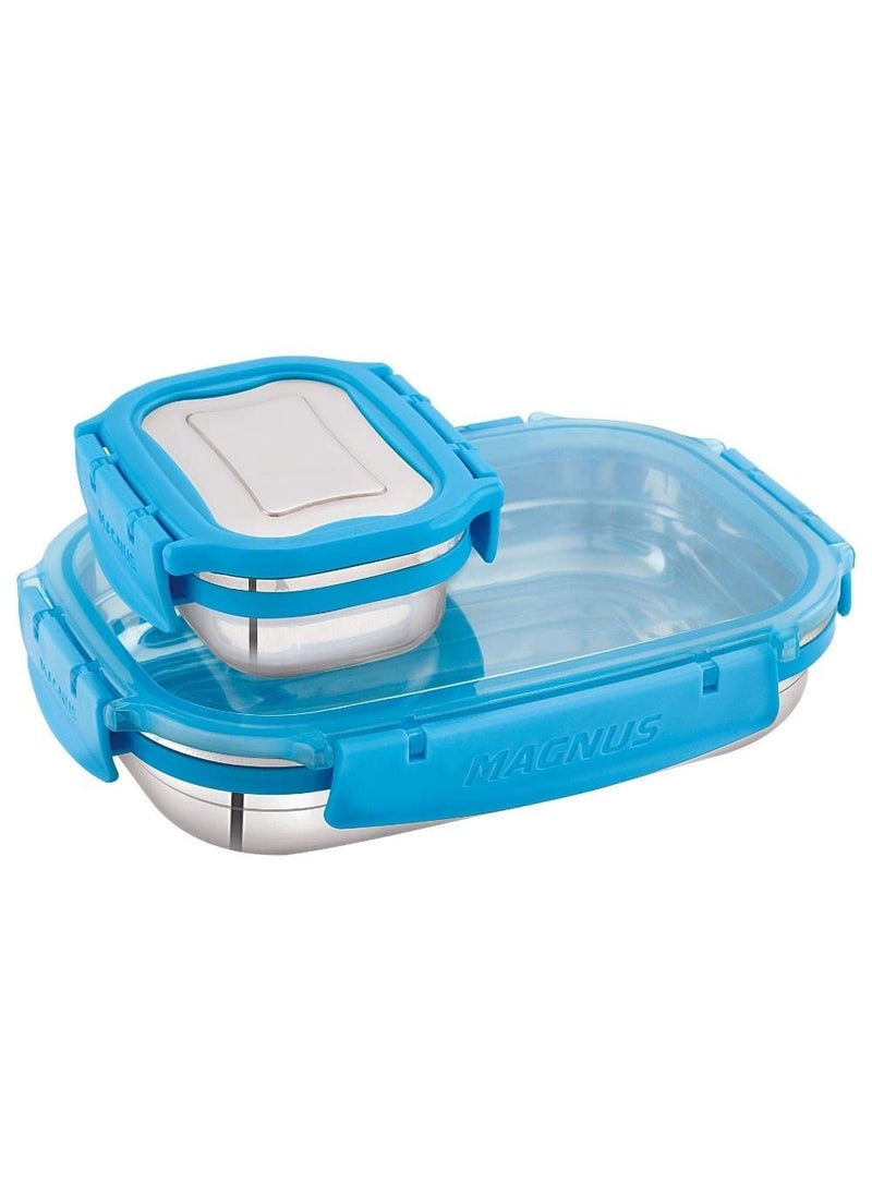 Magnus Bolt Classic Rectangular Leakproof Lunch Box for School & Office (800 ml + 150 ml)(Outer Steel and Inside Plastic Lid)