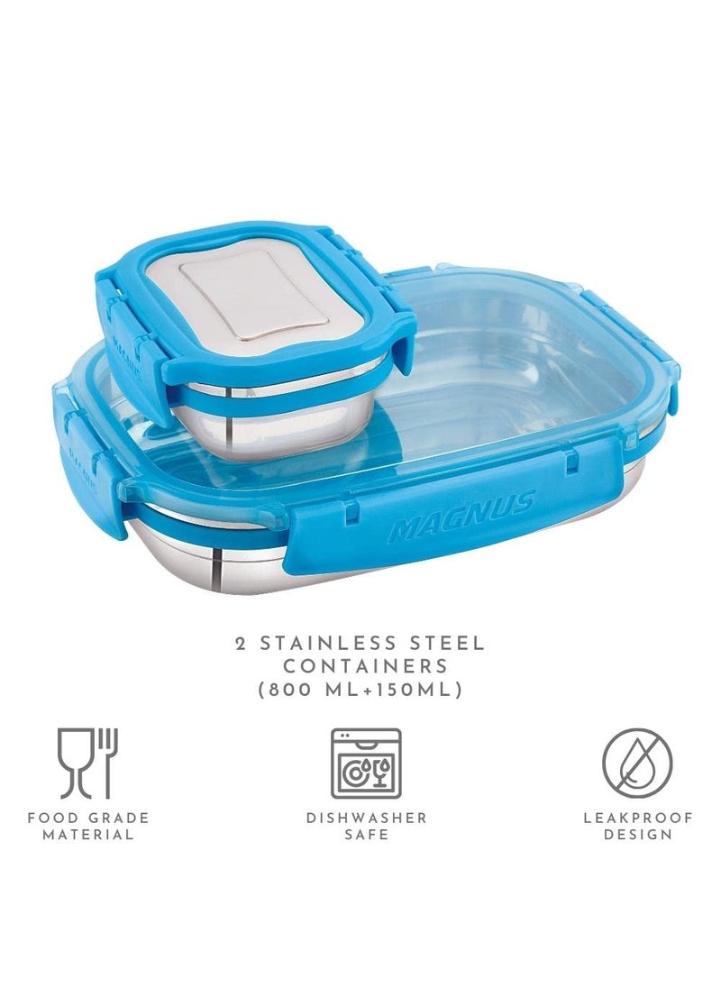 Magnus Bolt Classic Rectangular Leakproof Lunch Box for School & Office (800 ml + 150 ml)(Outer Steel and Inside Plastic Lid)