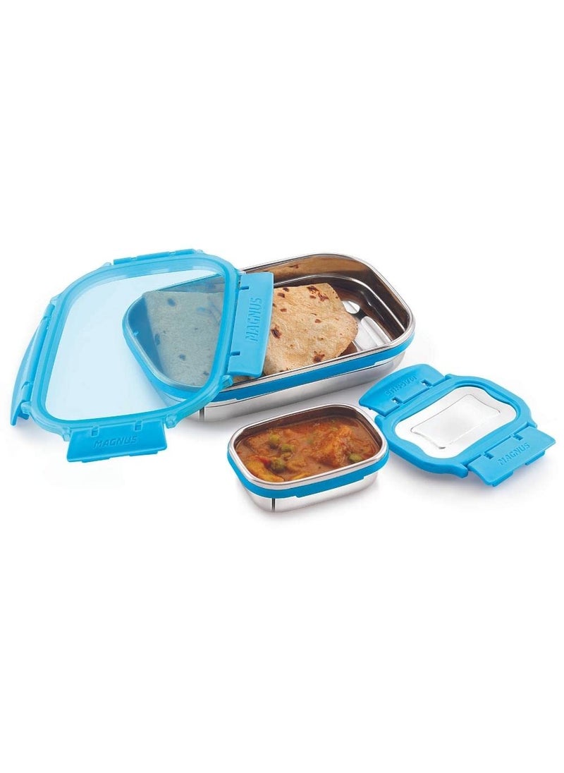 Magnus Bolt Classic Rectangular Leakproof Lunch Box for School & Office (800 ml + 150 ml)(Outer Steel and Inside Plastic Lid)