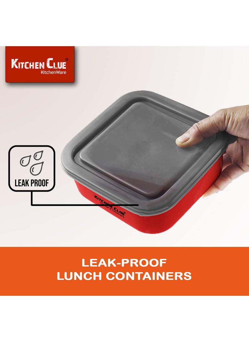 KITCHEN CLUE Stainless Steel Microwave Safe Storage Container/Box - Set Of 2 Pcs, Red, 16cm - Steel Fridge Storage Box For Kitchen - Airtight & Leak-Proof Lid Container - Ideal For Stroage & Serving