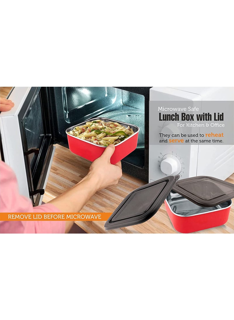 KITCHEN CLUE Stainless Steel Microwave Safe Storage Container/Box - Set Of 2 Pcs, Red, 16cm - Steel Fridge Storage Box For Kitchen - Airtight & Leak-Proof Lid Container - Ideal For Stroage & Serving