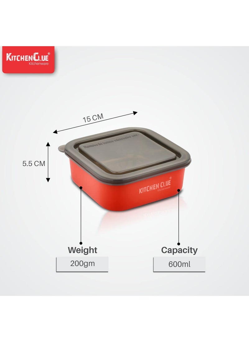 KITCHEN CLUE Stainless Steel Microwave Safe Storage Container/Box - Set Of 2 Pcs, Red, 16cm - Steel Fridge Storage Box For Kitchen - Airtight & Leak-Proof Lid Container - Ideal For Stroage & Serving