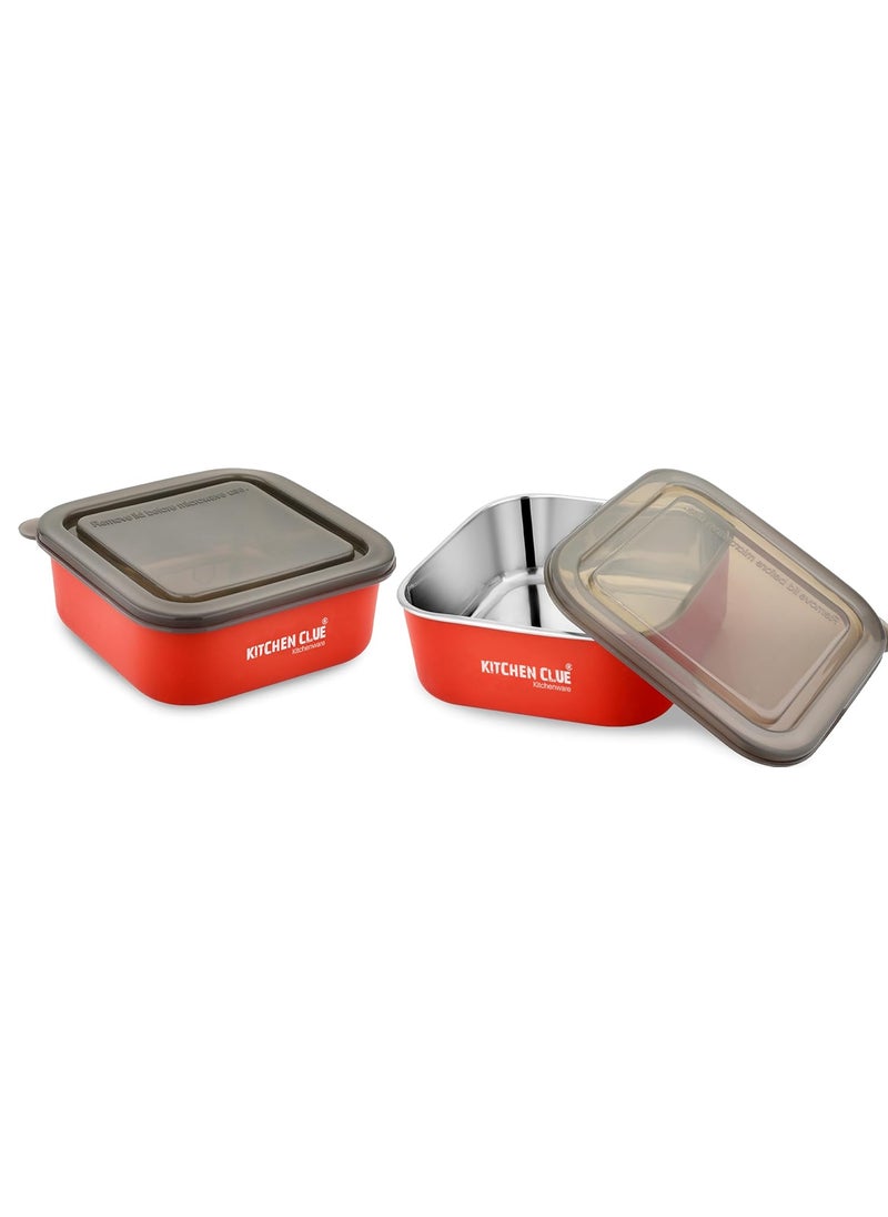 KITCHEN CLUE Stainless Steel Microwave Safe Storage Container/Box - Set Of 2 Pcs, Red, 16cm - Steel Fridge Storage Box For Kitchen - Airtight & Leak-Proof Lid Container - Ideal For Stroage & Serving