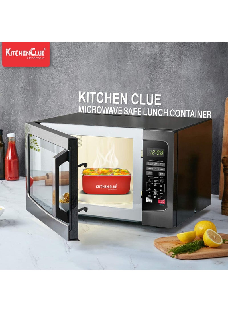 KITCHEN CLUE Stainless Steel Microwave Safe Storage Container/Box - Set Of 2 Pcs, Red, 16cm - Steel Fridge Storage Box For Kitchen - Airtight & Leak-Proof Lid Container - Ideal For Stroage & Serving