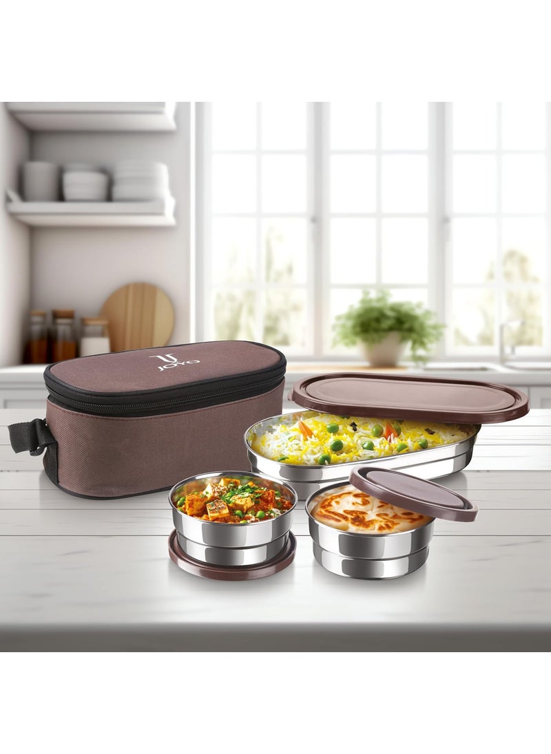 JOYO Executive Smart Lunch with Zipper Pouch, 2 Round Containers, 280 ml Each, 1 Oval Container, 500 ml, Brown | Easy to Carry | Leak Proof