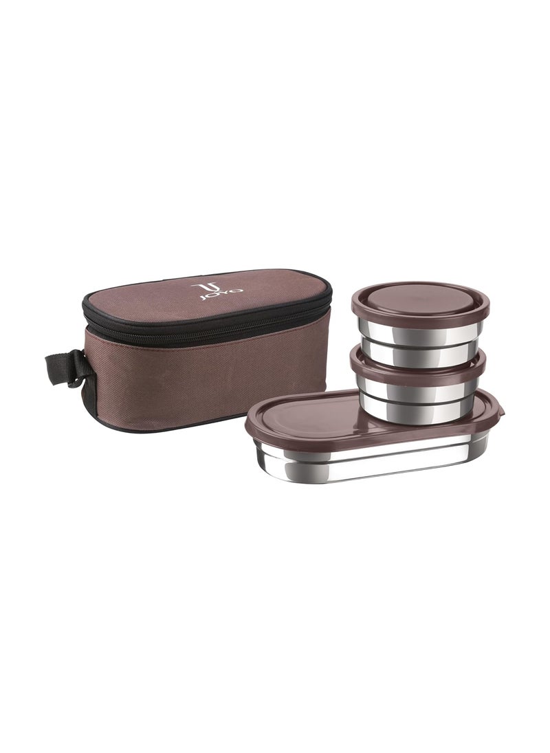 JOYO Executive Smart Lunch with Zipper Pouch, 2 Round Containers, 280 ml Each, 1 Oval Container, 500 ml, Brown | Easy to Carry | Leak Proof