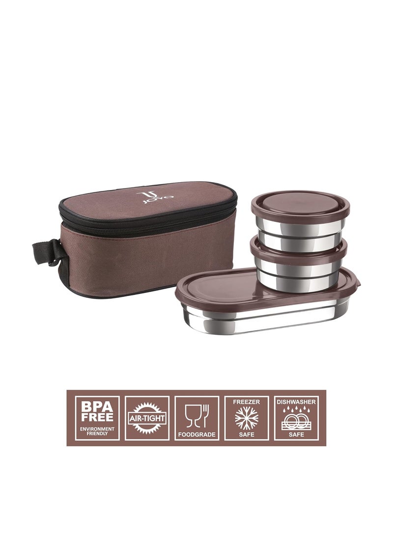 JOYO Executive Smart Lunch with Zipper Pouch, 2 Round Containers, 280 ml Each, 1 Oval Container, 500 ml, Brown | Easy to Carry | Leak Proof