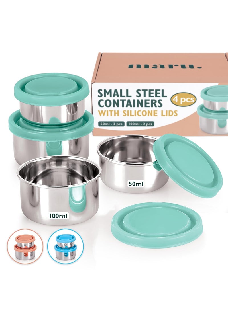 MARU Small Steel Containers, Small Tiffin Box for Chutney with Food Grade Silicone Lids, Kitchen Containers Set Steel Ideal for Chutney, Salad, Pickle - 50ml * 2 pcs & 100ml * 2 pcs, Set of 4 (Green)