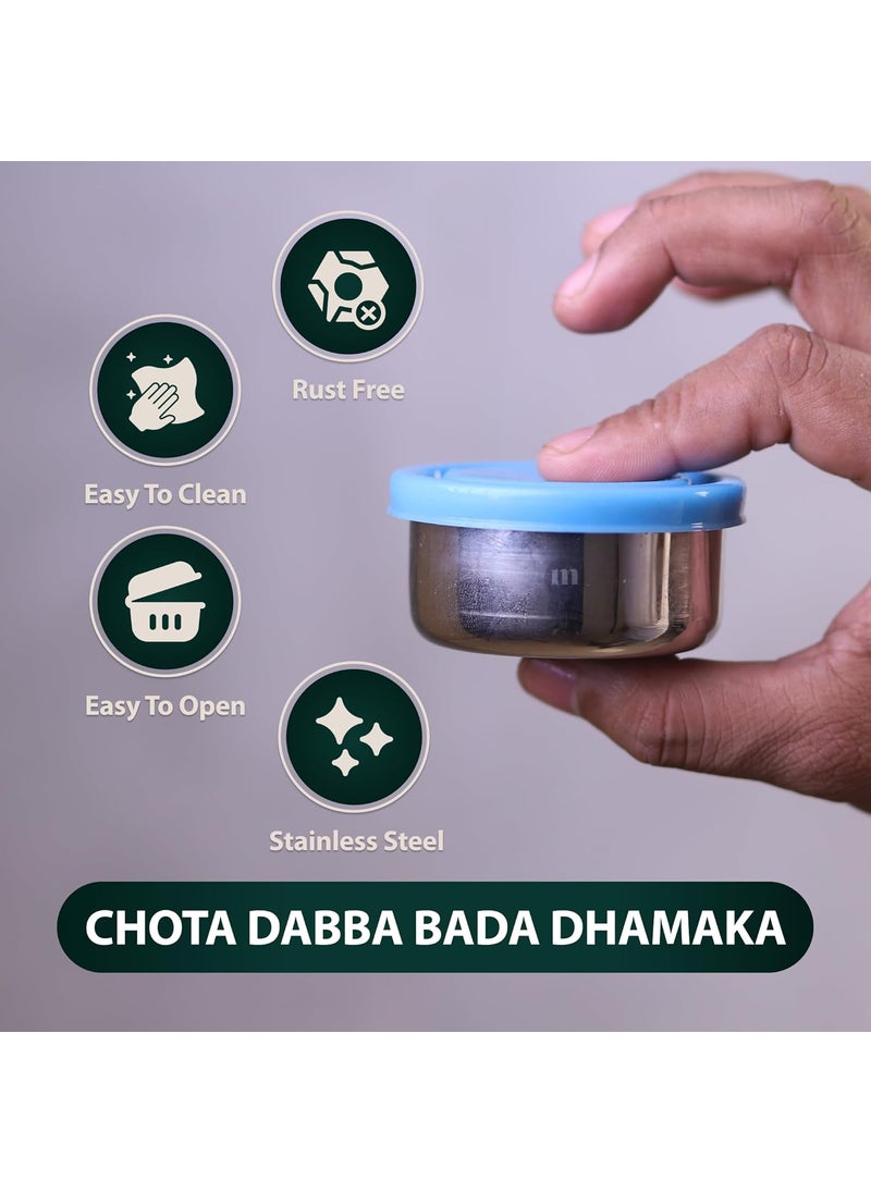 MARU Small Steel Containers, Small Tiffin Box for Chutney with Food Grade Silicone Lids, Kitchen Containers Set Steel Ideal for Chutney, Salad, Pickle - 50ml * 2 pcs & 100ml * 2 pcs, Set of 4 (Green)
