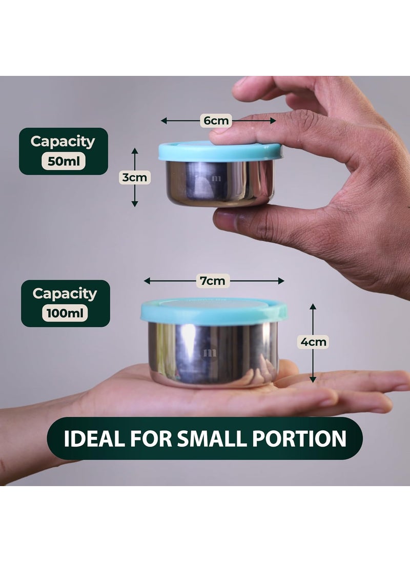 MARU Small Steel Containers, Small Tiffin Box for Chutney with Food Grade Silicone Lids, Kitchen Containers Set Steel Ideal for Chutney, Salad, Pickle - 50ml * 2 pcs & 100ml * 2 pcs, Set of 4 (Green)