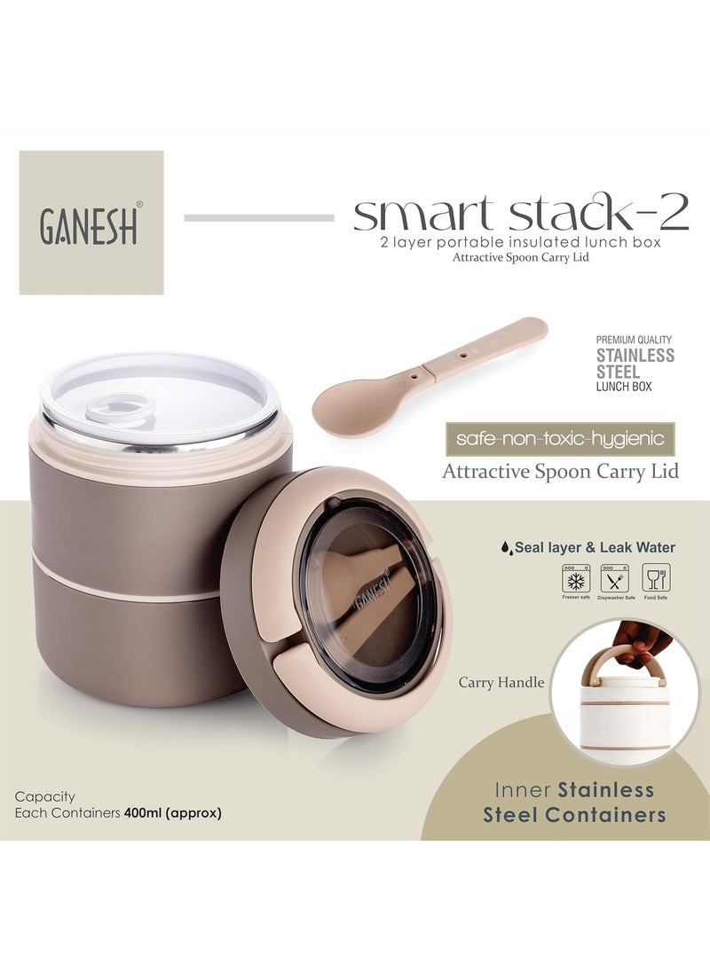 Ganesh Smart Stack 2 Layer Protable Lunch Box Stainless Steel Airtight Leak-Proof Lunch Box for Office, School, Picnic - Brown - 800ml