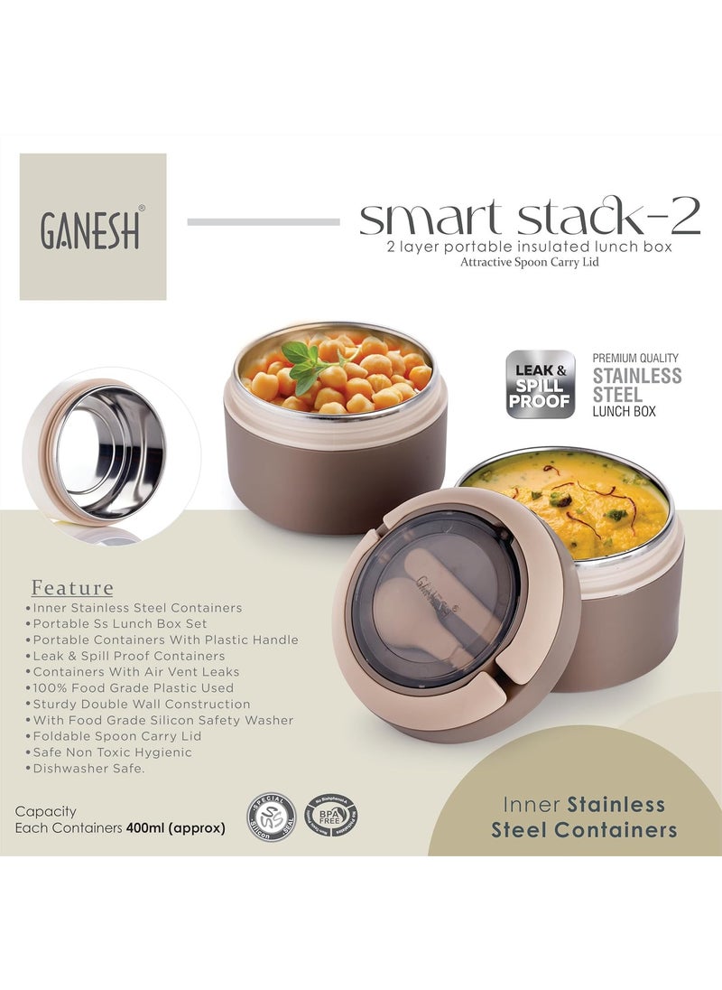 Ganesh Smart Stack 2 Layer Protable Lunch Box Stainless Steel Airtight Leak-Proof Lunch Box for Office, School, Picnic - Brown - 800ml