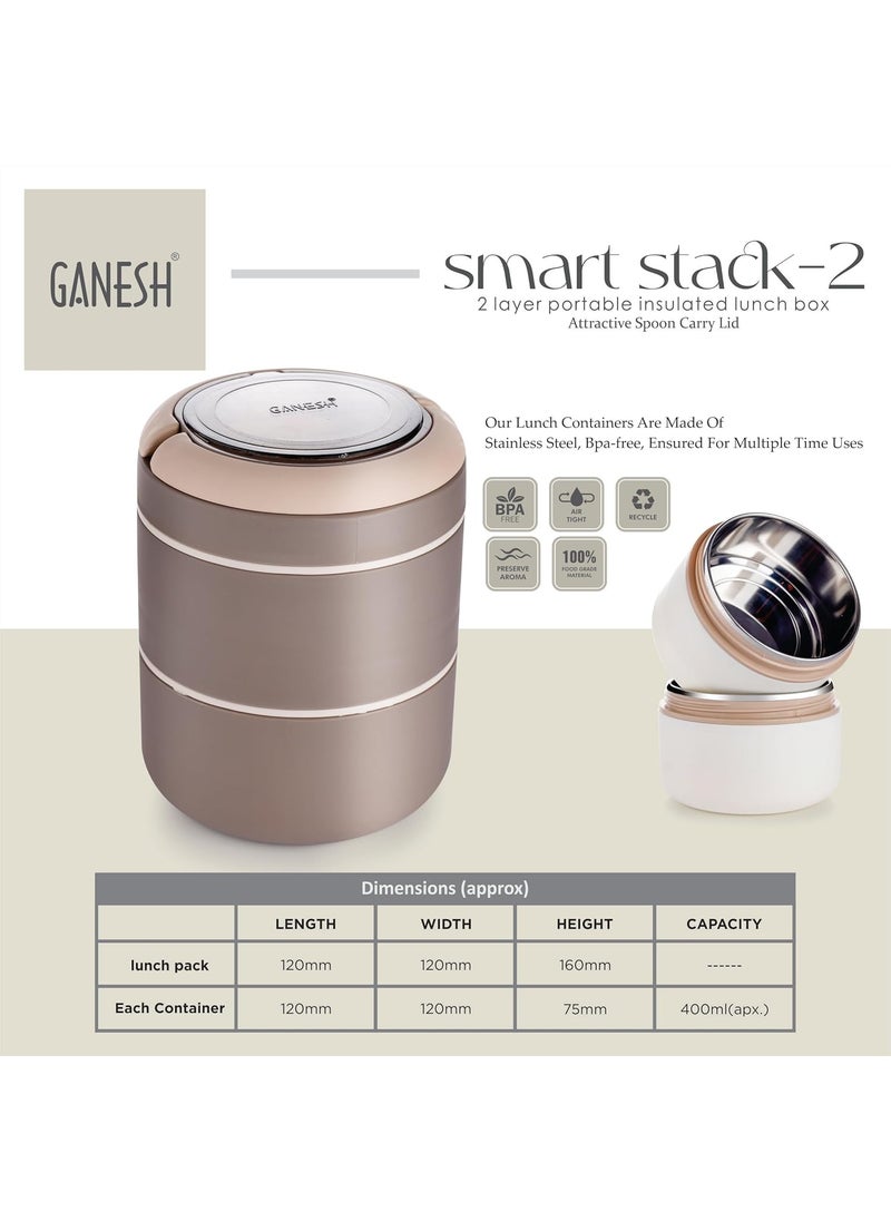 Ganesh Smart Stack 2 Layer Protable Lunch Box Stainless Steel Airtight Leak-Proof Lunch Box for Office, School, Picnic - Brown - 800ml