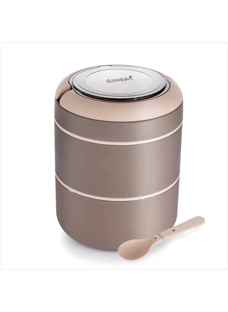 Ganesh Smart Stack 2 Layer Protable Lunch Box Stainless Steel Airtight Leak-Proof Lunch Box for Office, School, Picnic - Brown - 800ml