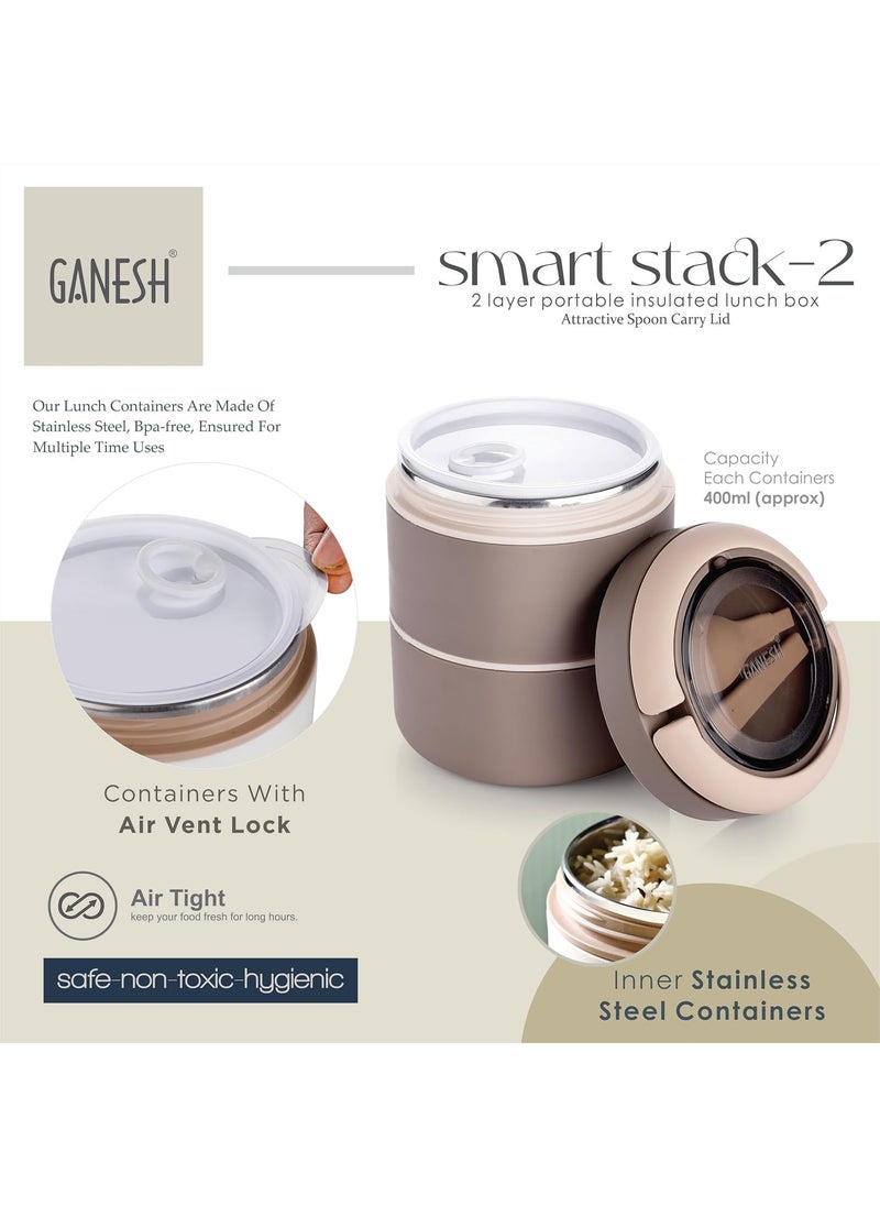 Ganesh Smart Stack 2 Layer Protable Lunch Box Stainless Steel Airtight Leak-Proof Lunch Box for Office, School, Picnic - Brown - 800ml