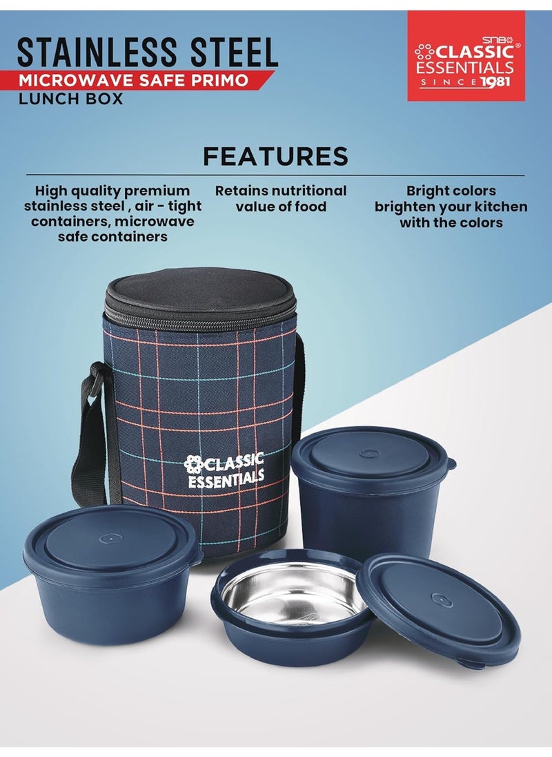 CLASSIC ESSENTIALS Lunch Box, Microwave Safe & Leak Proof, 3 Inside Steel Containers with BPA Free Lids (250ml, 400ml & 600ml), Insulated Fabric Bag (Blue)