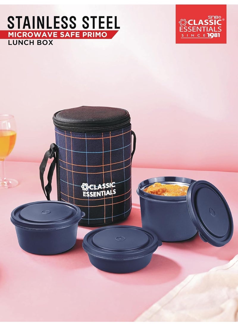CLASSIC ESSENTIALS Lunch Box, Microwave Safe & Leak Proof, 3 Inside Steel Containers with BPA Free Lids (250ml, 400ml & 600ml), Insulated Fabric Bag (Blue)