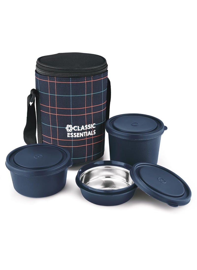 CLASSIC ESSENTIALS Lunch Box, Microwave Safe & Leak Proof, 3 Inside Steel Containers with BPA Free Lids (250ml, 400ml & 600ml), Insulated Fabric Bag (Blue)
